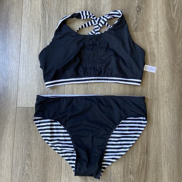 Coolibar Bikini Women Sz L Black White Stripped Sun Protective UPF 50+ - Picture 6 of 15